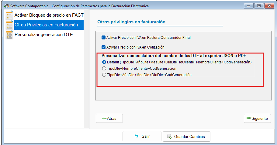 Panel de configuración del parámetro de nomenclatura