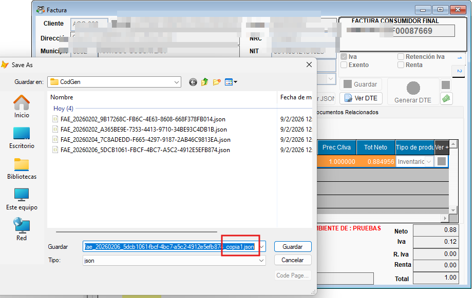 Exportación JSON individual con nomenclatura configurada