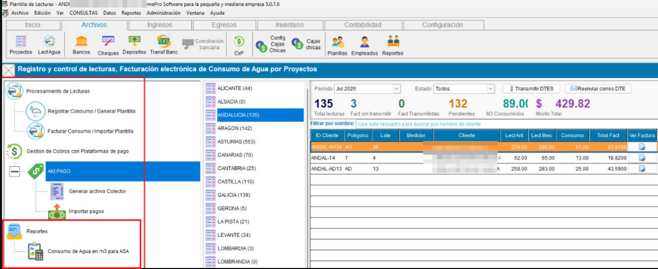 Grid de registro de lecturas por proyecto