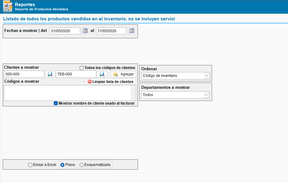 Filtros de reporte de productos vendidos