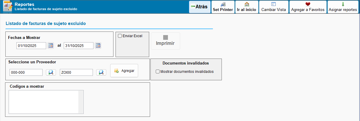 Filtros de reporte listado de facturas de sujeto excluido emitidas