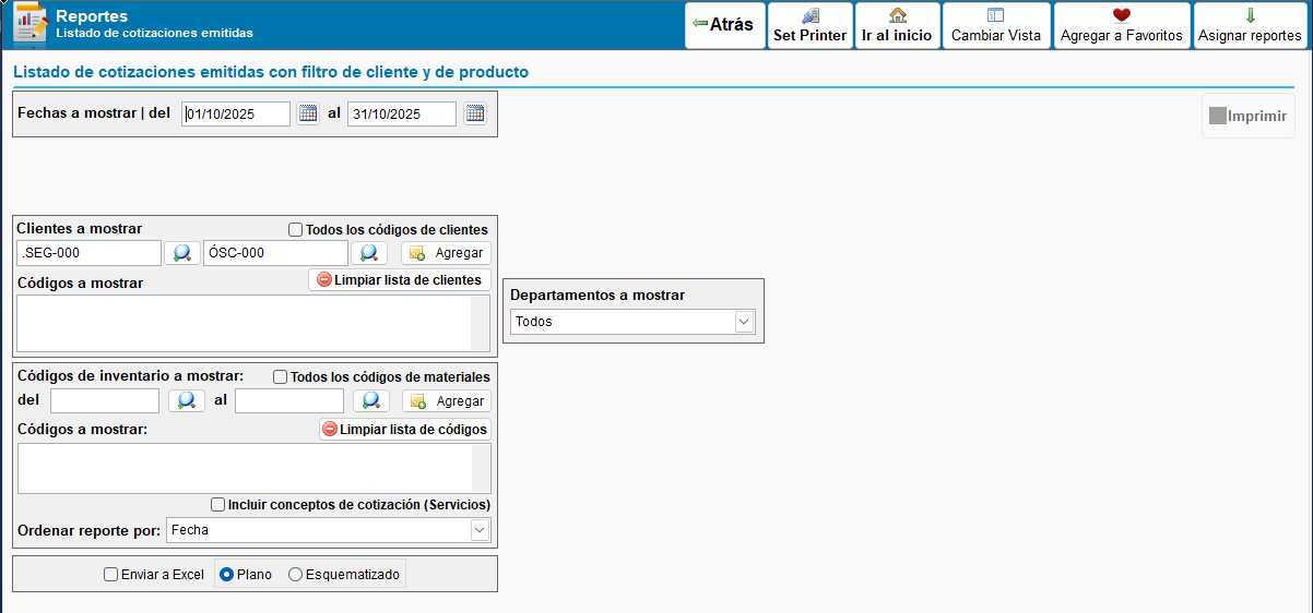 Filtros de reporte listado de cotizaciones emitidas