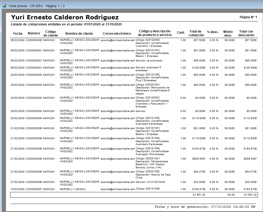 Reporte de listado de cotizaciones emitidas