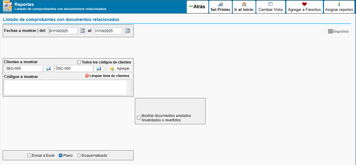 Filtros de reporte listado de comprobantes con documentos relacionados