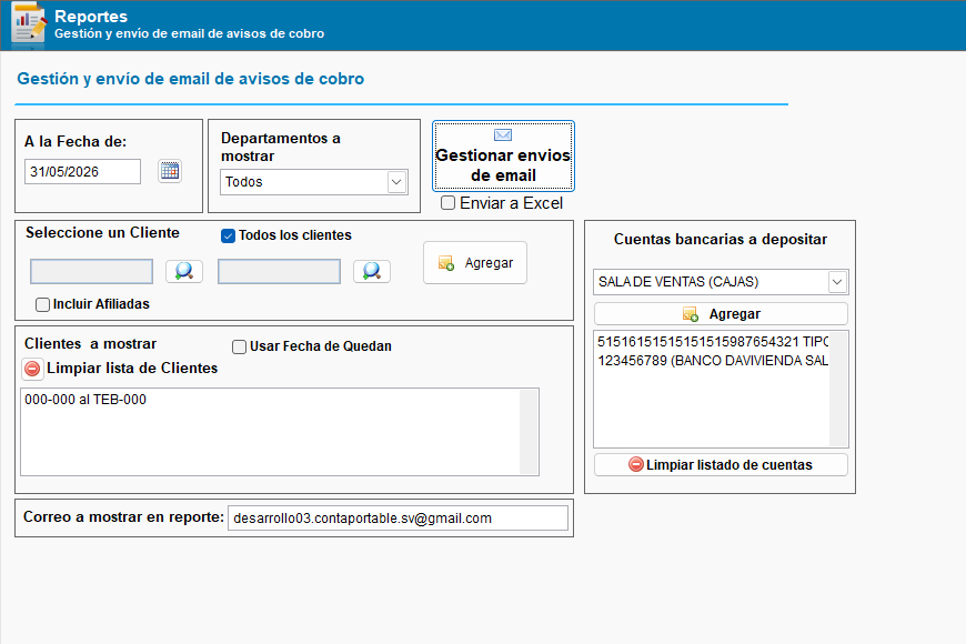 Filtros de reporte de gestión y envío de email de avisos de cobro