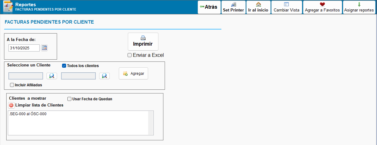 Filtros de reporte de facturas pendientes por cliente