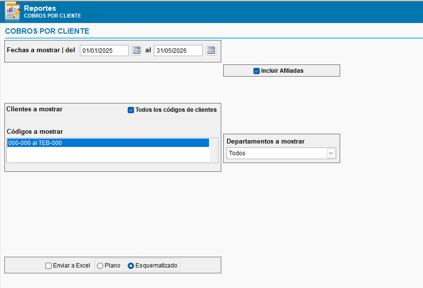 Filtros de reporte de cobros por cliente