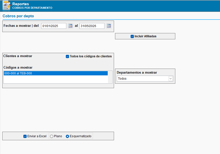 Filtros de reporte de cobros por departamento