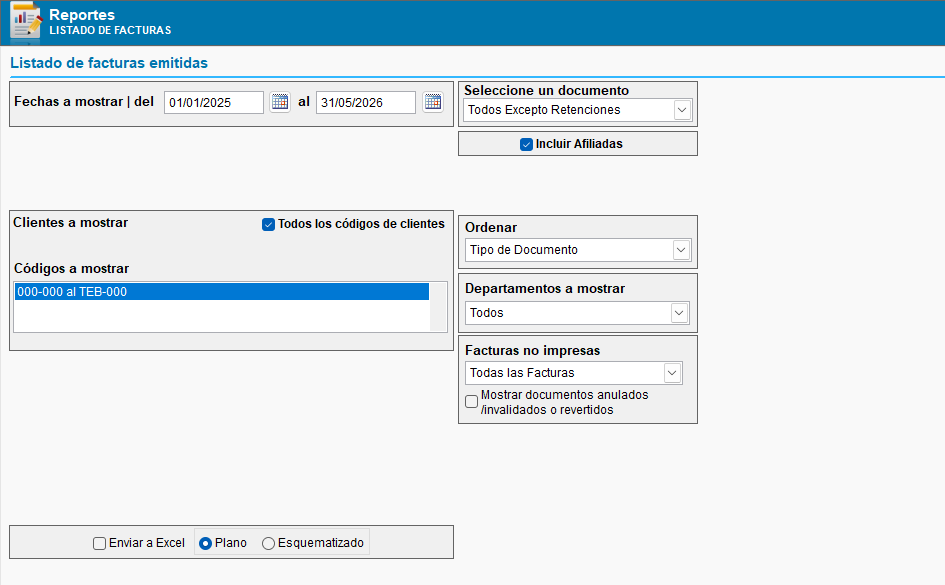Filtros de reporte de listado de documentos emitidos
