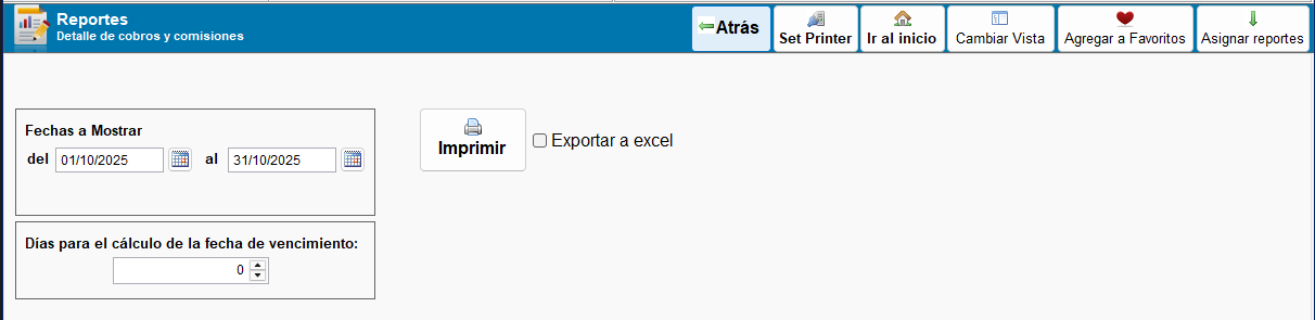 Filtros de reporte de detalle de cobros y comisiones