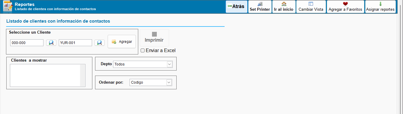 Filtros de reporte listado de clientes con información de contactos