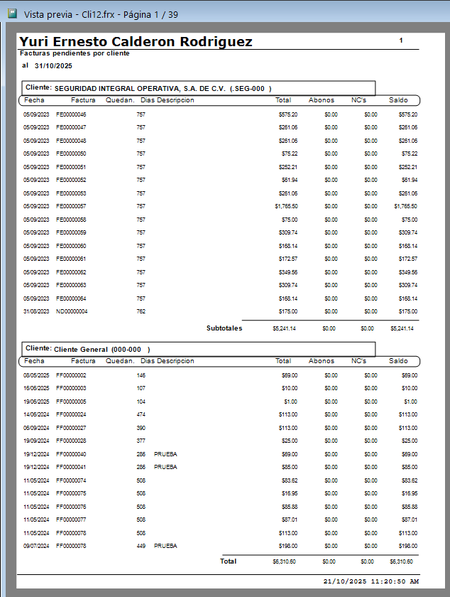Reporte de listado de facturas pendientes por cliente