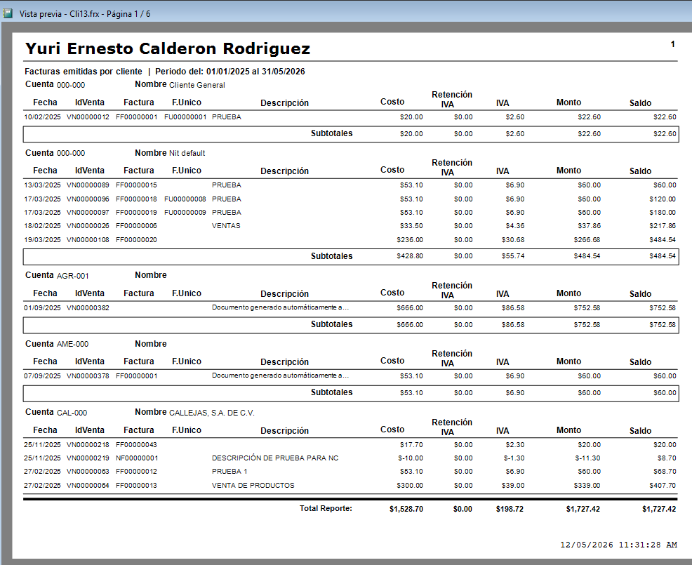Reporte de facturas emitidas por cliente