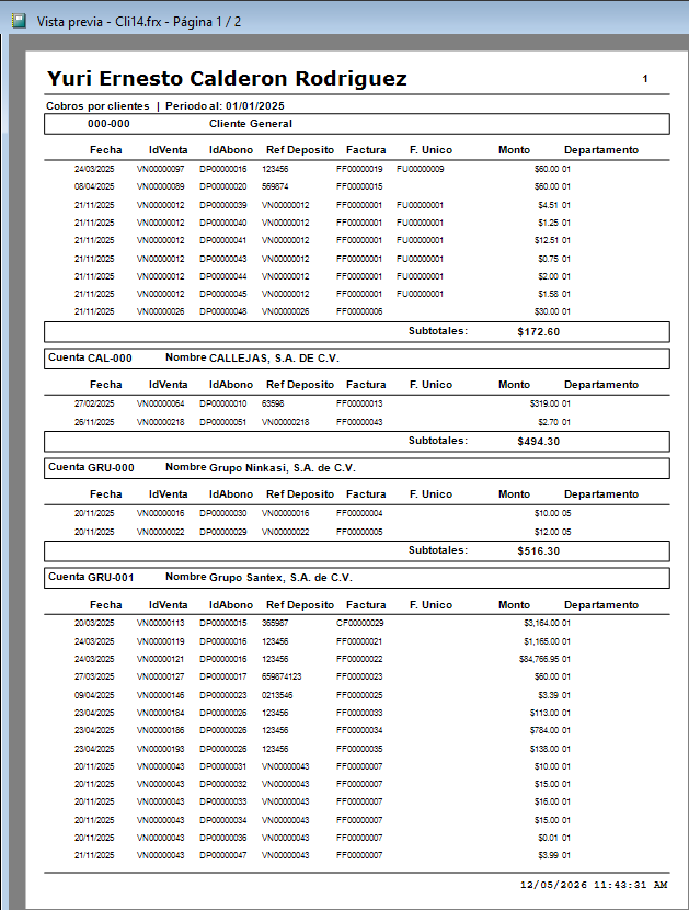 Reporte de cobros por cliente