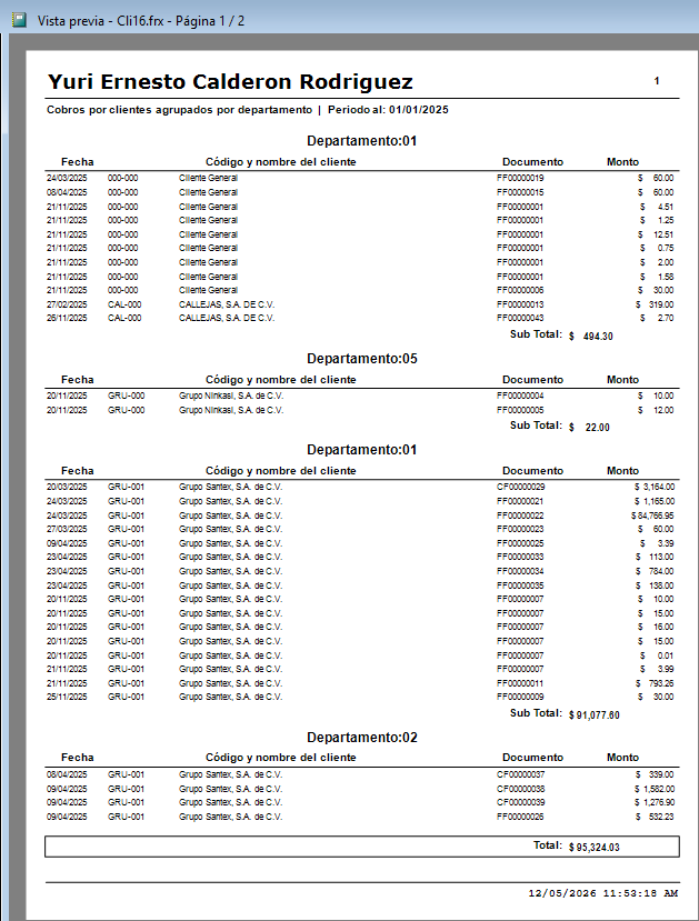 Reporte de cobros por departamento