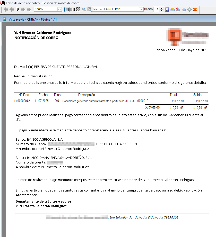 Reporte de gestión y envío de email de avisos de cobro