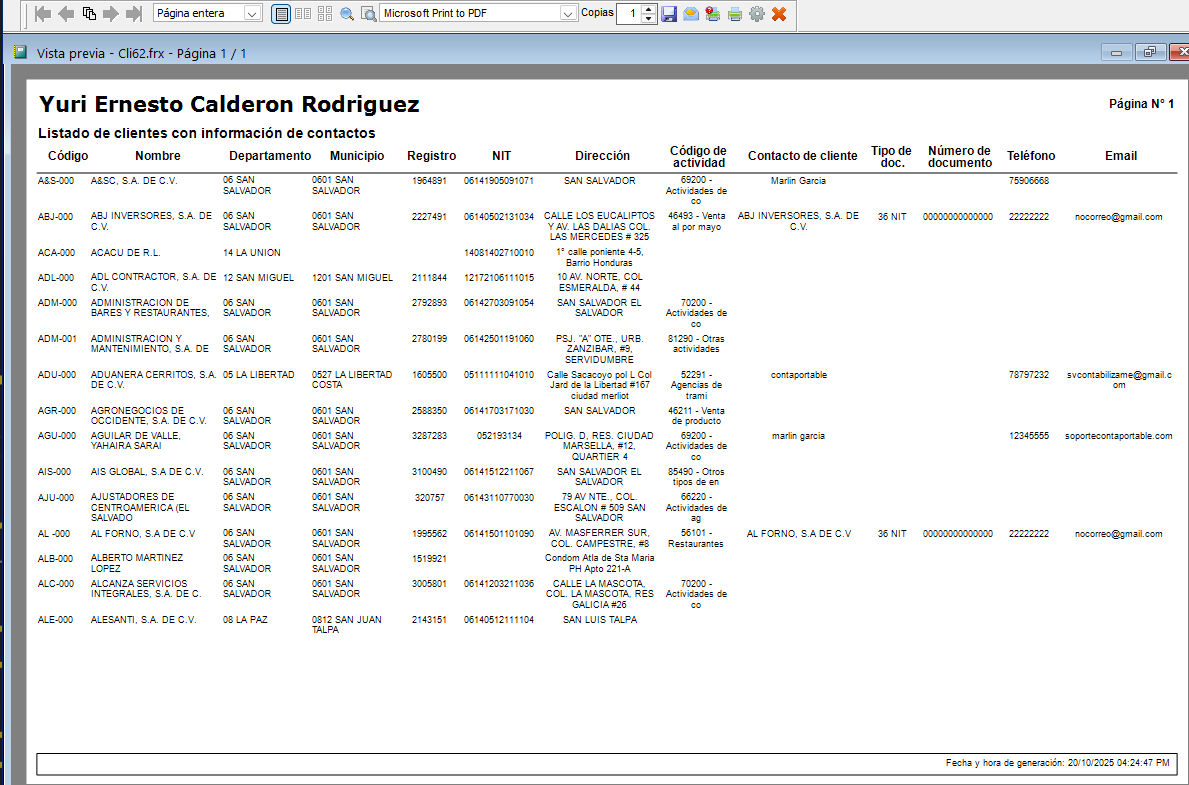 Reporte de listado de clientes con información de contactos y cuentas por cobrar