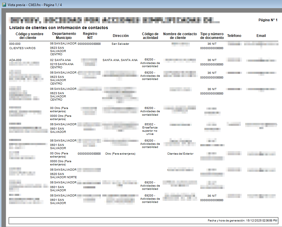 Reporte de listado de clientes con información de contactos