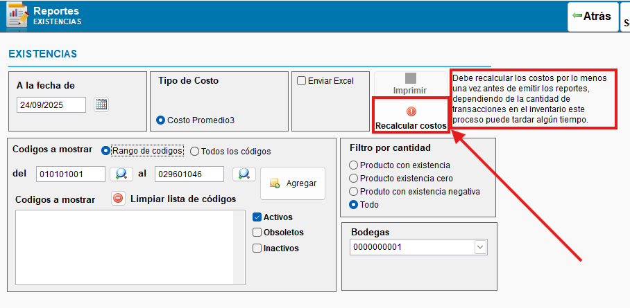 Botón "Recalcular costos"