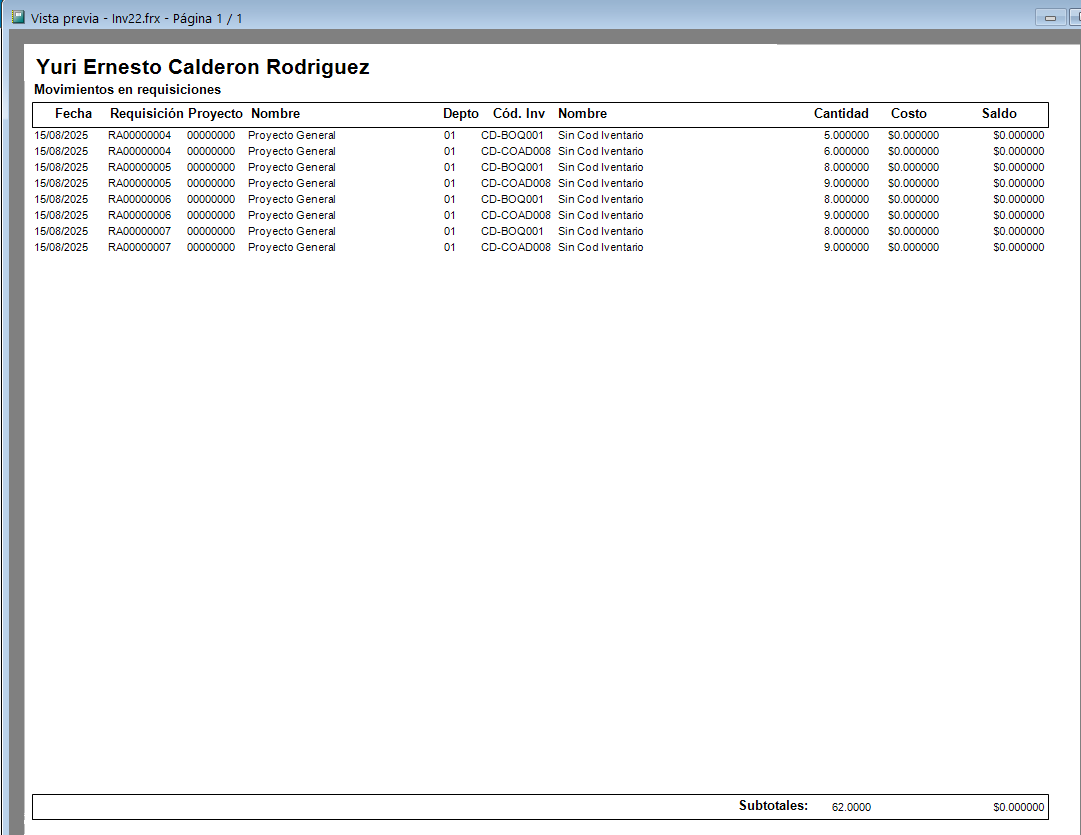 Reporte de movimientos en requisiciones