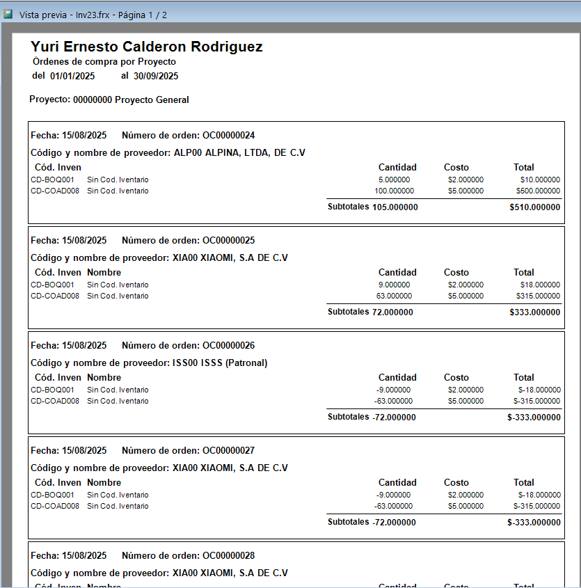Reporte de OC por proyecto