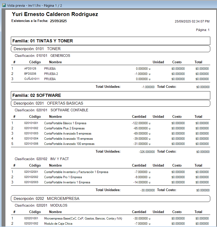 Reporte de existencias de inventario costeado