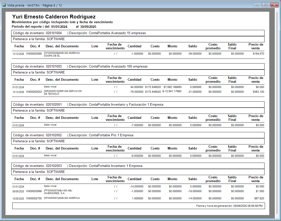 Reporte de movimientos de inventario costeado (Incluye el lote y fecha de vencimiento)
